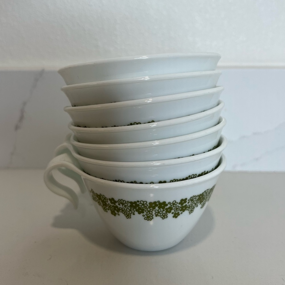 Vintage Corelle by Corning Green Spring Blossom Crazy Daisy Tea Cups Set of 7